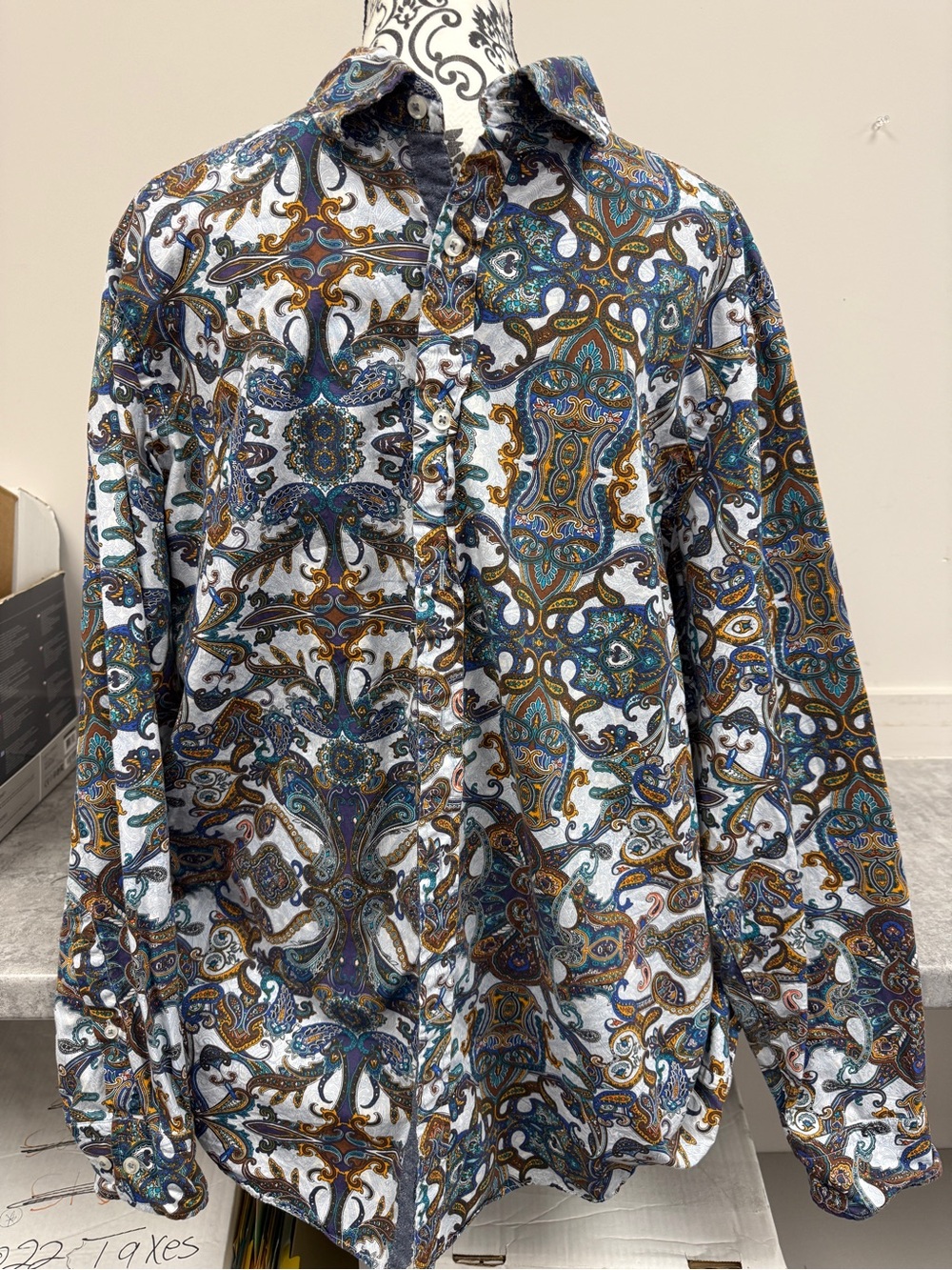 Daniel CremieuxDen Line /White Paisley Button-Down Shirt with Blue and Gold XL